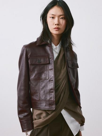 Mango Cropped Pure Leather Jacket, Burgundy, Burgundy