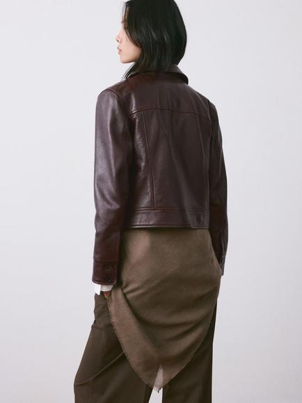 Mango Cropped Pure Leather Jacket, Burgundy - view 2, Burgundy