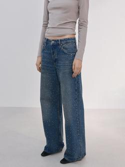 Mango Mid Rise Embellished Wide Leg Jeans, Mid Blue, Mid Blue