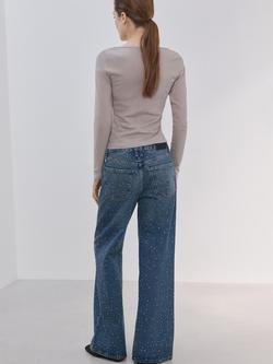 Mango Mid Rise Embellished Wide Leg Jeans, Mid Blue - view 2, Mid Blue