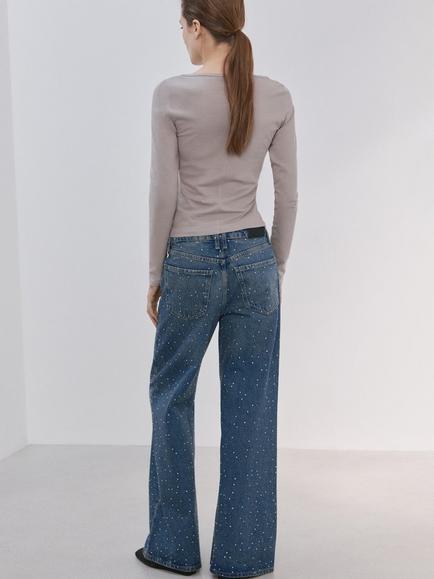 Mango Mid Rise Embellished Wide Leg Jeans, Mid Blue - view 2, Mid Blue