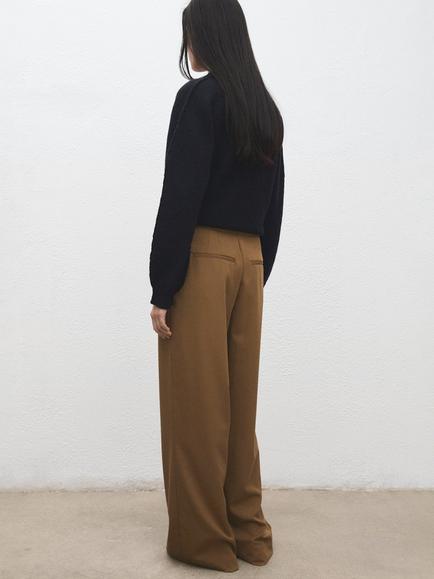 Mango High Rise Pleated Wide Leg Trousers, Camel - view 2, Camel