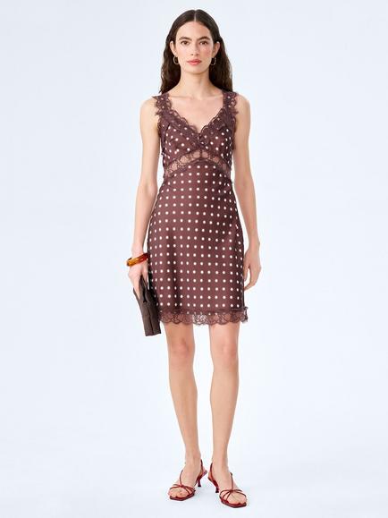OMNES Allie Starburst Print Lace Trim Satin Mini Dress, Chocolate, Chocolate