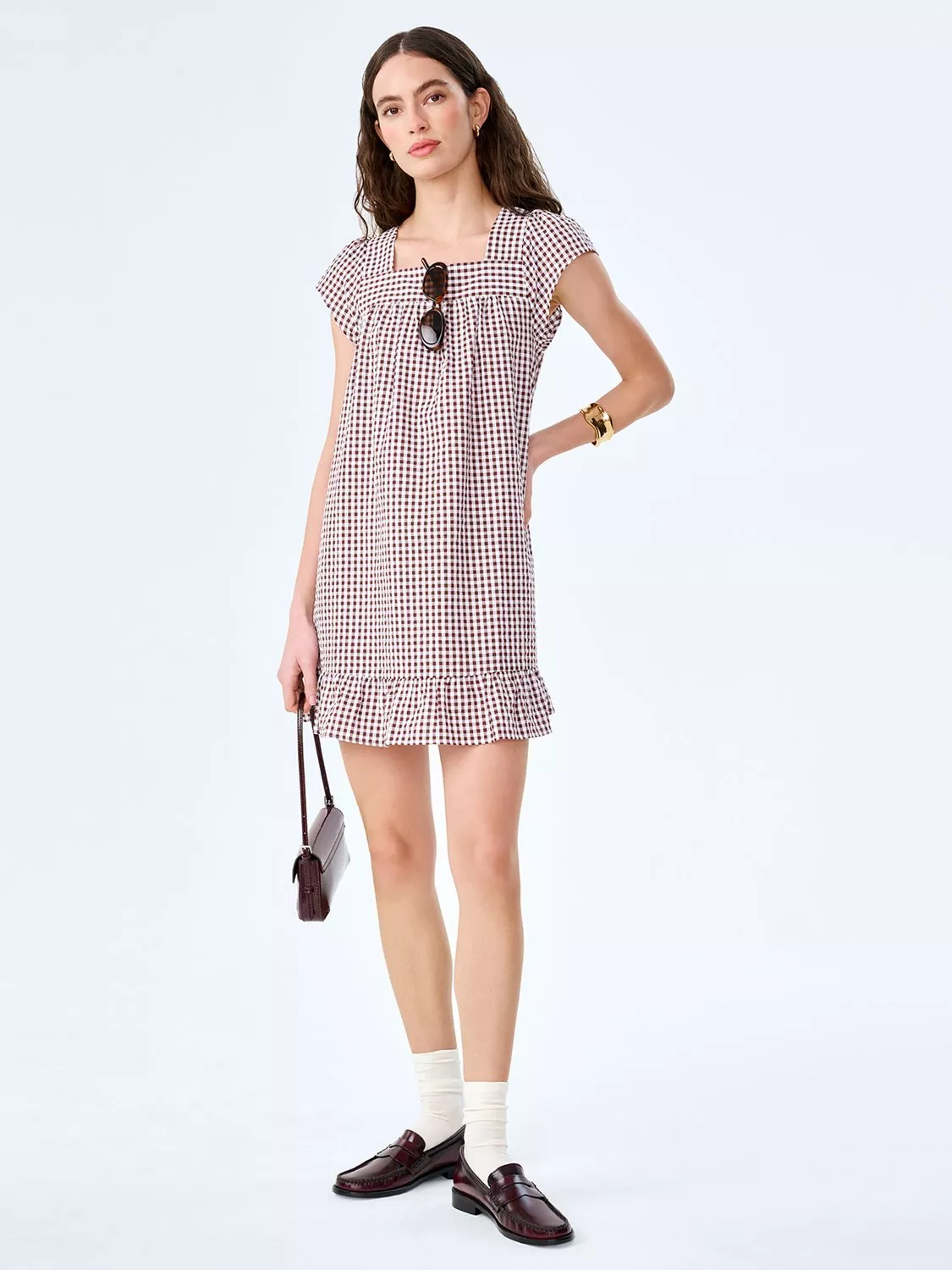 OMNES Delphine Seersucker Gingham Mini Dress, Chocolate Gingham