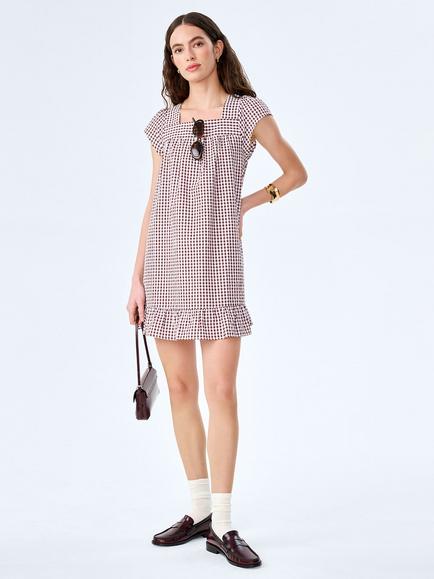 OMNES Delphine Seersucker Gingham Mini Dress, Chocolate Gingham, Chocolate Gingham