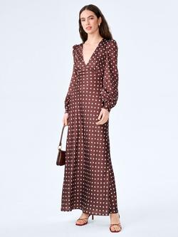 OMNES Francoise Balloon Sleeve Starburst Midi Dress, Chocolate, Chocolate