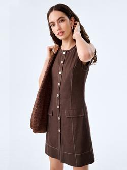 OMNES Raphi Contrast Stitch Linen Rich Mini Dress, Chocolate, Chocolate