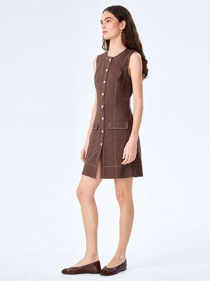 OMNES Raphi Contrast Stitch Linen Rich Mini Dress, Chocolate - view 2, Chocolate