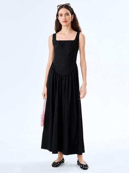 OMNES Suri Corset Bodice Midi Dress, Chocolate, Black