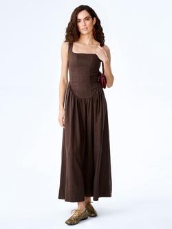 OMNES Suri Corset Bodice Midi Dress, Chocolate, Chocolate