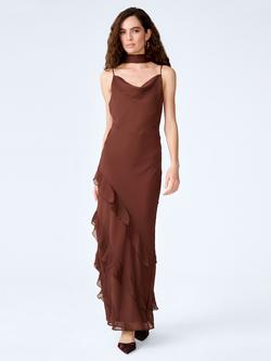 OMNES Taylor Scarf Neck Ruffle Maxi Dress, Chocolate, Chocolate