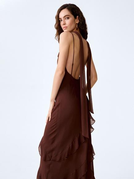 OMNES Taylor Scarf Neck Ruffle Maxi Dress, Chocolate - view 2, Chocolate