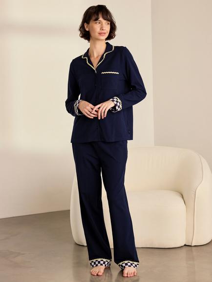 Chelsea Peers Good Night Organic Cotton Checkerboard Embroidered Pyjamas, Navy, Navy