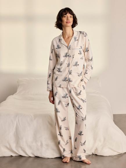 Chelsea Peers Owl Button Up Long Pyjama Set, Ivory, Ivory