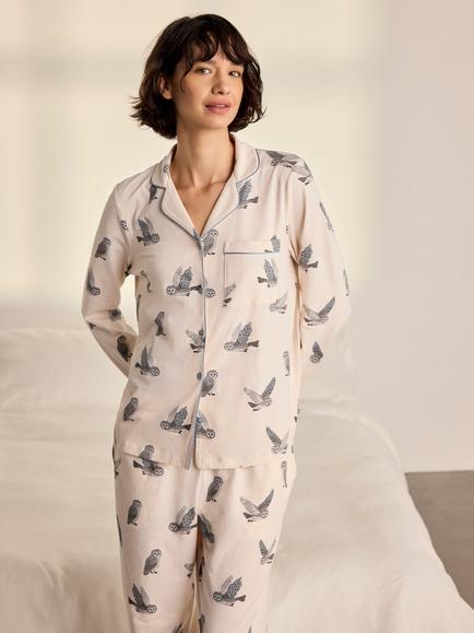 Chelsea Peers Owl Button Up Long Pyjama Set, Ivory - view 2, Ivory