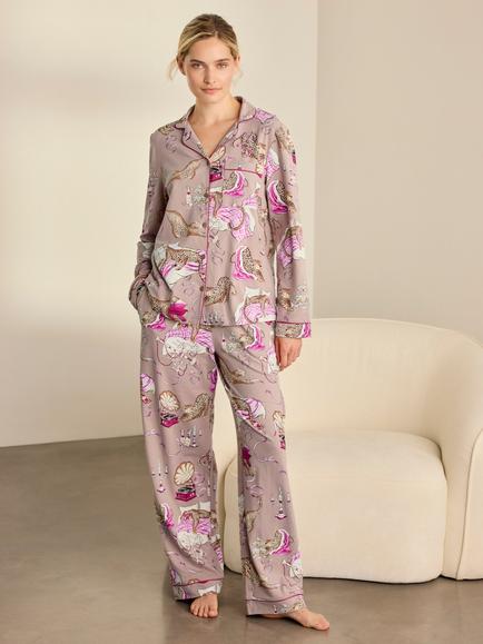 Chelsea Peers Leopard After Party Button Up Long Pyjama Set, Camel, Camel