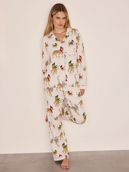 Chelsea Peers Ice Skating Leopards Button Up Long Pyjama Set, Off White, Off White