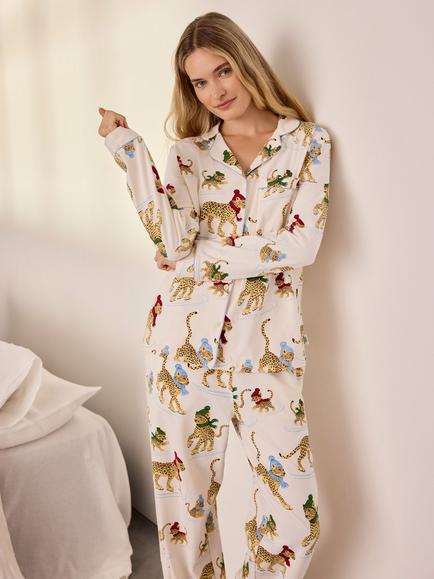 Chelsea Peers Ice Skating Leopards Button Up Long Pyjama Set, Off White - view 2, Off White