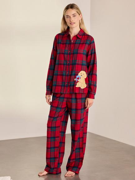 Chelsea Peers Check Chip Button Up Long Pyjama Set, Red, Red
