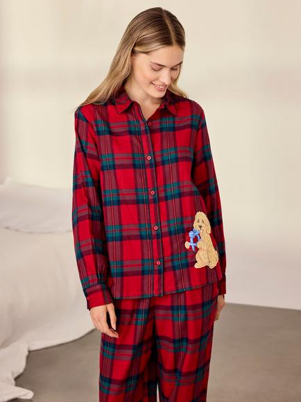 Chelsea Peers Check Chip Button Up Long Pyjama Set, Red - view 2, Red