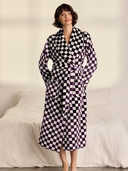 Chelsea Peers Fleece Checkerboard Long Dressing Gown, Burgundy, Burgundy