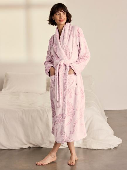 Chelsea Peers Fleece Burnout Leopard Print Long Dressing Gown, Pink, Pink