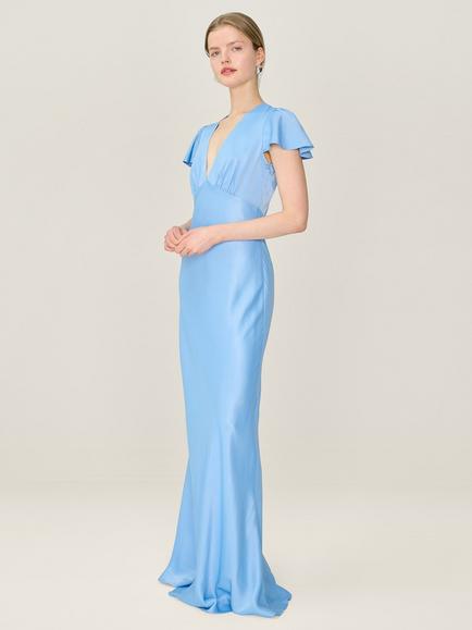 OMNES Fai V-Neck Satin Maxi Dress - view 2, Powder Blue