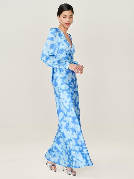 OMNES Francoise Blurred Floral Satin Midi Dress - view 2, Blue