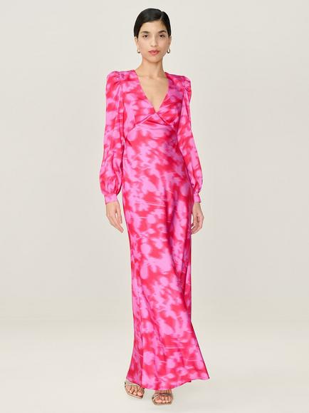 OMNES Francoise Blurred Floral Satin Midi Dress, Magenta