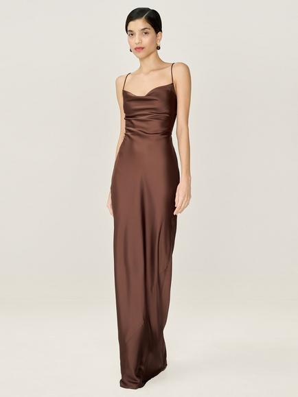 OMNES Ginny Sleeveless Satin Maxi Dress, Chocolate