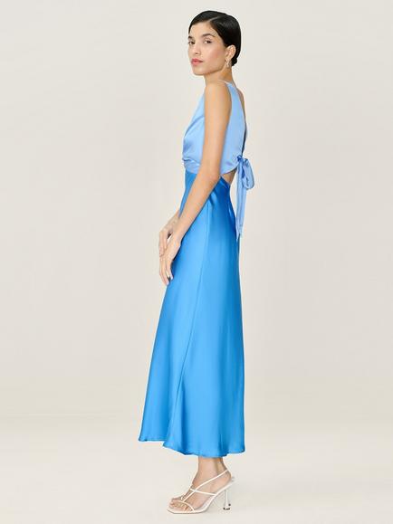 OMNES Maggy Colour Block Satin Midi Dress - view 2, Powder Blue/Blue