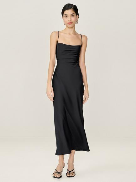 OMNES Riviera Cross Back Satin Slip Dress, Black