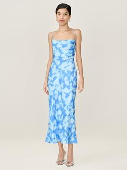OMNES Riviera Blurred Floral Cross Back Satin Slip Dress, Blue