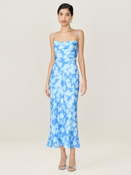 OMNES Riviera Blurred Floral Cross Back Satin Slip Dress, Blue