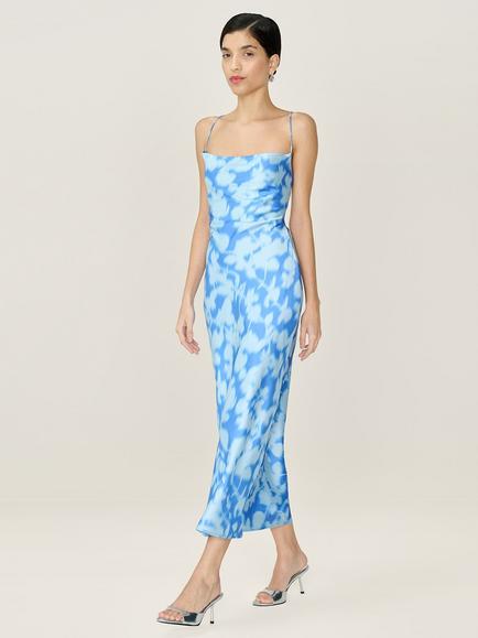 OMNES Riviera Blurred Floral Cross Back Satin Slip Dress - view 2, Blue
