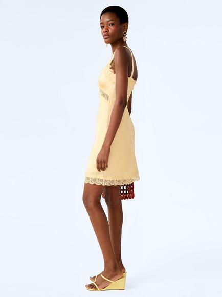 OMNES Allie Satin Lace Detail Mini Dress, Butter Yellow - view 2, Butter Yellow