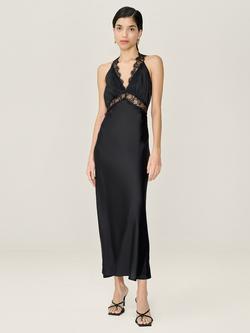 OMNES Aurelia Lace Trim Satin Dress, Black