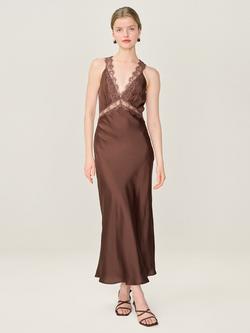 OMNES Aurelia Lace Trim Satin Dress, Chocolate