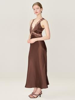 OMNES Aurelia Lace Trim Satin Dress - view 2, Chocolate