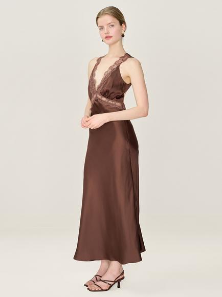 OMNES Aurelia Lace Trim Satin Dress - view 2, Chocolate