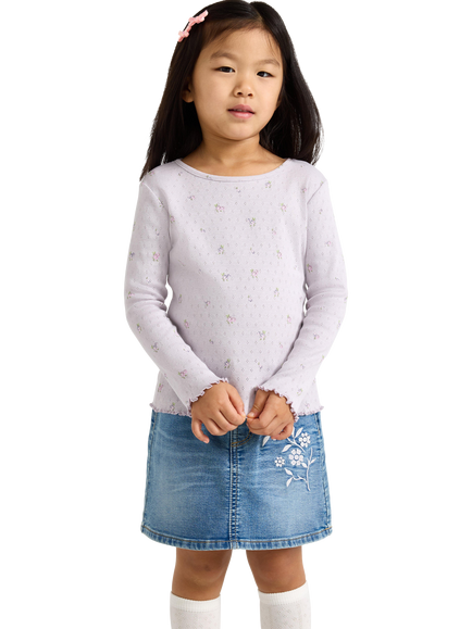 Lindex Kids' Floral Print Pointelle Long Sleeved Top, Lilac, Lilac