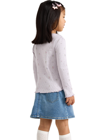 Lindex Kids' Floral Print Pointelle Long Sleeved Top, Lilac - view 2, Lilac