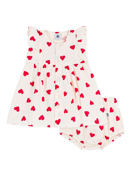 Petit Bateau Baby Heart Print Flutter Sleeve Dress Set, Cream/Red, Cream/Red