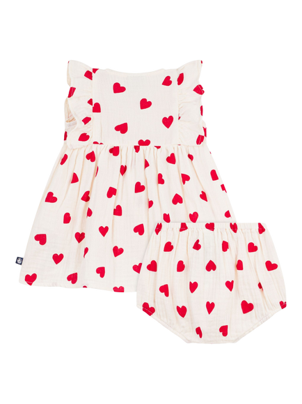 Petit Bateau Baby Heart Print Flutter Sleeve Dress Set, Cream/Red - view 2, Cream/Red