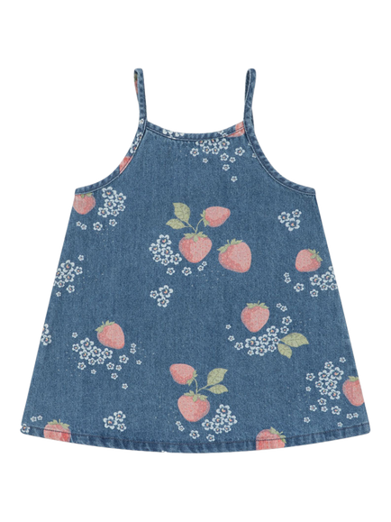 Konges Sløjd Kids' Magot Strappy Strawberry Print Denim Dress, Blue/Multi, Blue/Multi