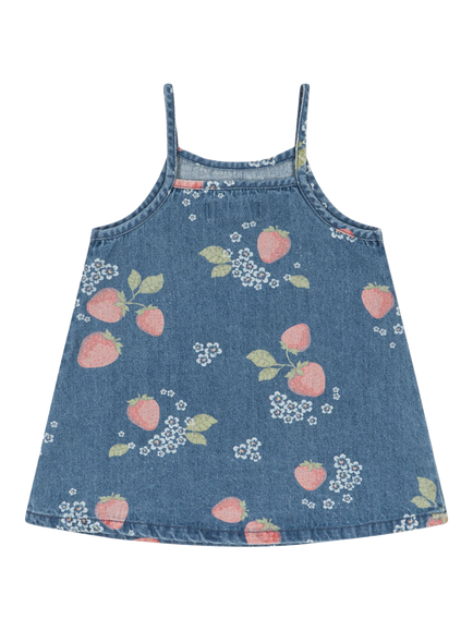 Konges Sløjd Kids' Magot Strappy Strawberry Print Denim Dress, Blue/Multi - view 2, Blue/Multi
