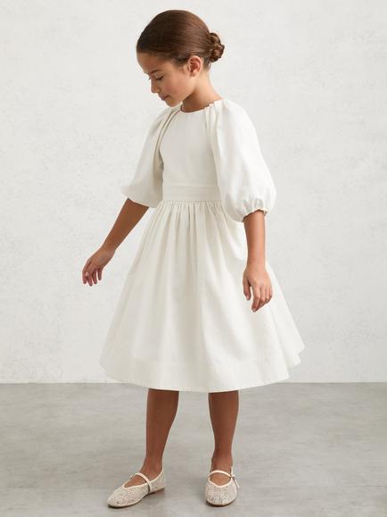 Reiss Kids' Mae Fit and Flare Open Bow Back Occasion Dress, White, White