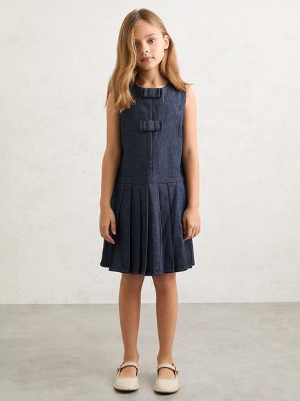 Reiss Kids' Ruby Cotton Denim Pleated Pinafore Dress, Indigo, Indigo