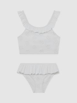 Reiss Kids' Maxine Broderie Peplum Bikini, White, White