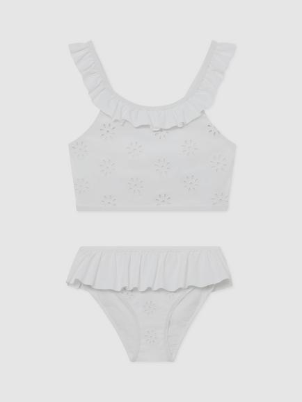 Reiss Kids' Maxine Broderie Peplum Bikini, White, White